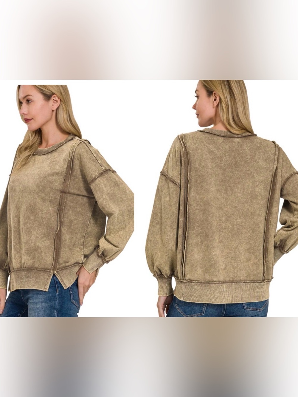 NWOT Zenana Tan Mineral Washed French Terry Exposed Seam Pullover Sweatshirt S/M